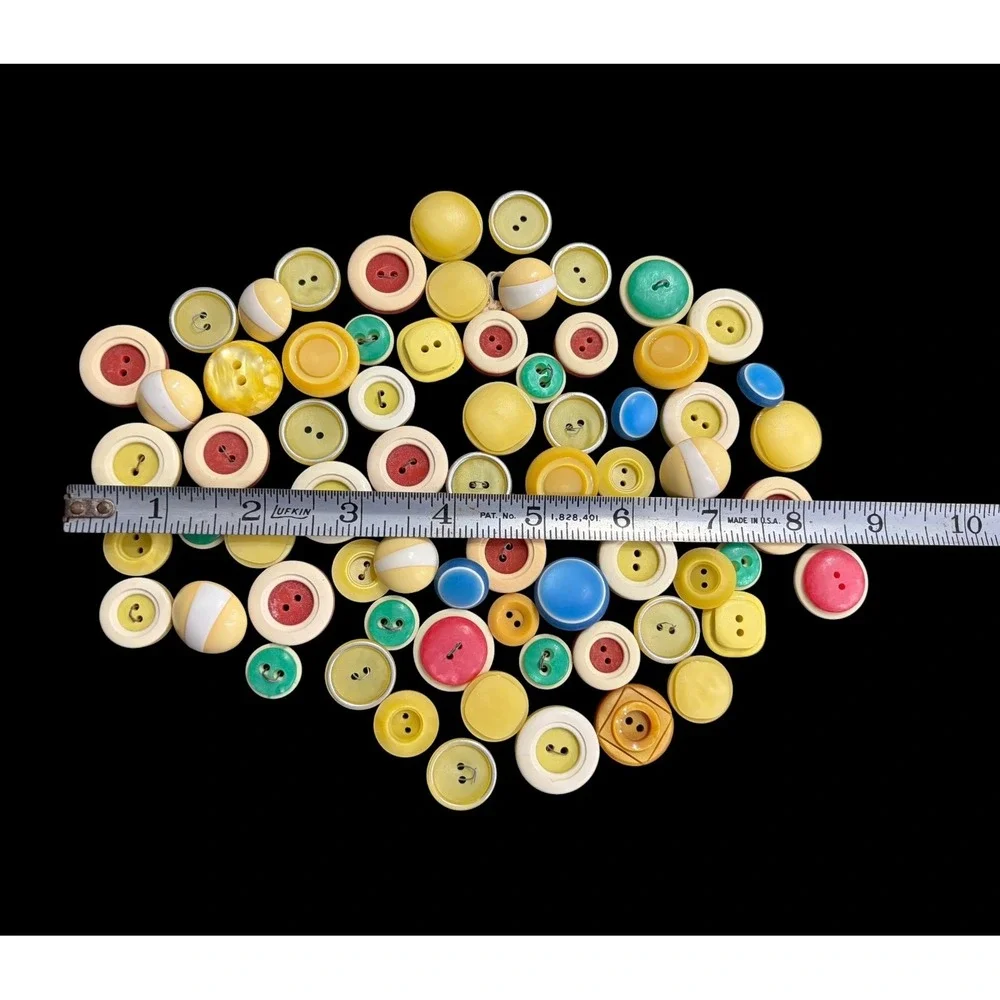 65+ Vintage Plastic Sewing Buttons Lot Two Tone Halo Layered Cream Yellow Mixed